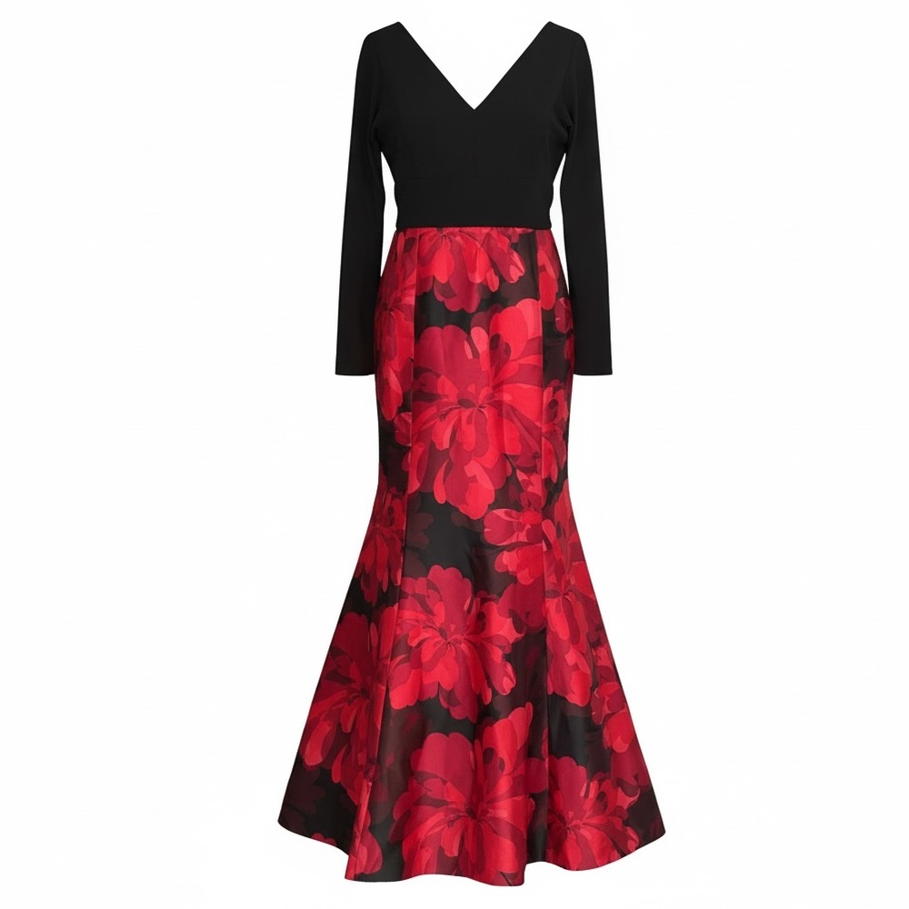 Calvin Klein Elegant Black & Red Floral V-Neck Maxi Dress NWOT 16 $228